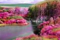 Beautiful fantasy landscape with river, forest and rose bushes. Pink natural background