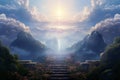 Beautiful fantasy landscape with spiritual pathway to heaven and paradise. Life after dead concept