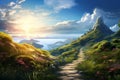 Beautiful fantasy landscape with spiritual pathway to heaven and paradise. Life after dead concept