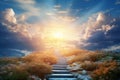 Beautiful fantasy landscape with spiritual pathway to heaven and paradise. Life after dead concept