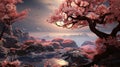 beautiful fantasy landscape, surrealism. trees and clouds islands near the ground. Generative ai