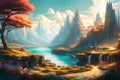 Beautiful fantasy landscape. Tender and dreamy design, background illustration. Mountains and a lake