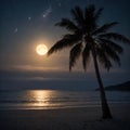 Beautiful fantasy of landscape tropical beach with silhouette palm tree in night skies and full moon - Royalty Free Stock Photo