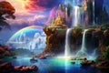 Beautiful fantasy landscape with waterfall and rainbow in the sky. Digital painting, A magical rainbow waterfall pouring down into