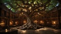 Beautiful fantasy library with growing giant oak in the middle. Tree of knowledge. Minimal abstract education concept. Royalty Free Stock Photo