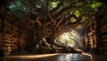 Beautiful fantasy library with growing giant oak in the middle. Tree of knowledge. Minimal abstract education concept. Royalty Free Stock Photo