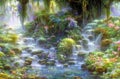 Rainforest river and flowers, AI art painting