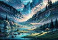 Beautiful fantasy mountains and river landscape with a castle