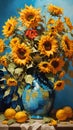 Beautiful fantasy painting of bouquet of sunflowers in a clay jug vase. On minimal dark background.