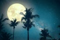 Beautiful fantasy palm tree tropical beach with Milky Way star in night skies, Royalty Free Stock Photo