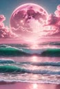 A beautiful fantasy pink ocean, with pink moon, pastel pink clouds, blue sky, sparkling waves, mysterious, nature view Royalty Free Stock Photo