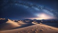 Beautiful fantasy scenic view of sand dunes in a desert with visible stars and galaxies above. Mesmerizing background.