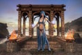 Beautiful fantasy sorceress mage or priestess standing on the altar of an ancient temple by the sea at sunset casting spells. 3D
