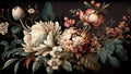 Beautiful fantasy vintage wallpaper different botanical flower bunch, retro motif for floral print digital background