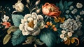 Beautiful fantasy vintage wallpaper different botanical flower bunch, retro motif for floral print digital background