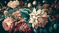 Beautiful fantasy vintage wallpaper different botanical flower bunch, retro motif for floral print digital background