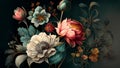 Beautiful fantasy vintage wallpaper different botanical flower bunch, retro motif for floral print digital background