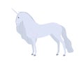 Beautiful fantasy white unicorn vector flat illustration. Cartoon magical mythical creature horse with horn isolated on