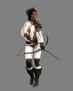 Beautiful fantasy woman elf archer with arrow ready in the bow walking and looking for a target. 3D illustration isolated Royalty Free Stock Photo