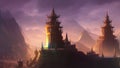 A beautiful fantasy world. A city with beautiful towers on the background of large mountains with fog.