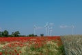 Beautiful farm landscape with wheat field, poppies and chamomile flowers, wind turbines to produce green energy in Germany, Summer Royalty Free Stock Photo