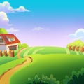 Beautiful Farm on the Sunny Day under the Green Hill. Royalty Free Stock Photo