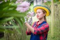 Beautiful farmers woman holding magnifier for checking pest and growth of orchid flower in organic farm