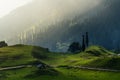 Beautiful farmland landscape with pine forest mountain in the morning in rural area Sonamarg, Jammu and Kashmir, India