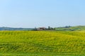 Beautiful farmland rural landscape, cypress trees and colorful spring flowers in Tuscany, Italy. Typical rural house Royalty Free Stock Photo