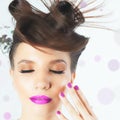 Beautiful Fashion Girl Face with Fancy Hairstyle, Colorful Nail Polish Royalty Free Stock Photo