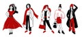 Beautiful fashion girls in trendy look outfit in black red white. Hand drawn vector sketch flat doodle cartoon illustration. Woman Royalty Free Stock Photo