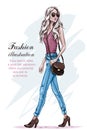 Beautiful fashion model with blonde hair. Hand drawn stylish young woman walking.