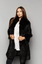 Beautiful fashion model girl with perfect makeup in luxury fur coat, isolated on the background. Fashion studio photo of Royalty Free Stock Photo