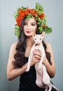 Beautiful fashion model woman with domestic cat Royalty Free Stock Photo