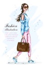 Beautiful fashion woman with bag. Stylish girl in fashion clothes. Summer fashion look. Sketch.