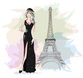 Beautiful fashion woman with Eiffel Tower on background. Sketch.