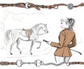 Beautiful fashion woman with english equestrian sport hunting style jacket and horse with saddle. Rider girl, tree hand drawing ar