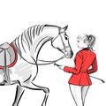 Beautiful fashion woman with english equestrian sport hunting style red jacket and horse with saddle.