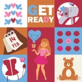 Beautiful fashion woman illustration. Stylish girl with accessories, bear, birds. lips, hearts, sweets, corset. Cartoon