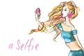 Beautiful fashion woman make selfie, hand drawn