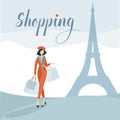 Beautiful fashion woman makes shopping in France Paris near eiffel tower flat vector illustration