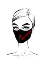 Beautiful fashion woman portrait hand-drawn in a black protective mask. Ink sketch woman in quarantine mask. Isolated fashion draw