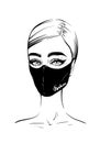 Beautiful fashion woman portrait hand-drawn in a black protective mask. Ink sketch woman in quarantine mask. Isolated fashion draw