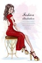 Beautiful fashion woman in red dress sitting on vintage chair. Sketch. Hand drawn pretty girl. Royalty Free Stock Photo