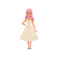 Beautiful fashion young woman with long pink dyed hair, stylish girl in white dress vector Illustration on a white