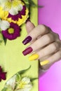 Beautiful fashionable multi-colored manicure with matte and glossy nail Polish colors with decorative small flowers