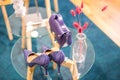 Beautiful fashionable stylish ultraviolet color woman shoes and accessories on a glass table. Polished leather. Woman shopping Royalty Free Stock Photo