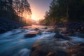 Beautiful fast river in mountain forest at sunrise Royalty Free Stock Photo