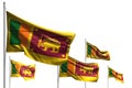 Beautiful feast flag 3d illustration - five flags of Sri Lanka are waving isolated on white