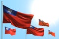 Wonderful 5 flags of Myanmar are waving against blue sky photo with bokeh - any feast flag 3d illustration